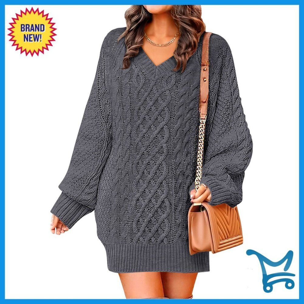 Oversized Cable Knit Sweater Dress Long Sleeve V Neck Pullover Tunic